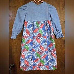 Vintage Handmade Girl's Quilted Dress. Long Puff Sleeve Holly Hobbie Country.